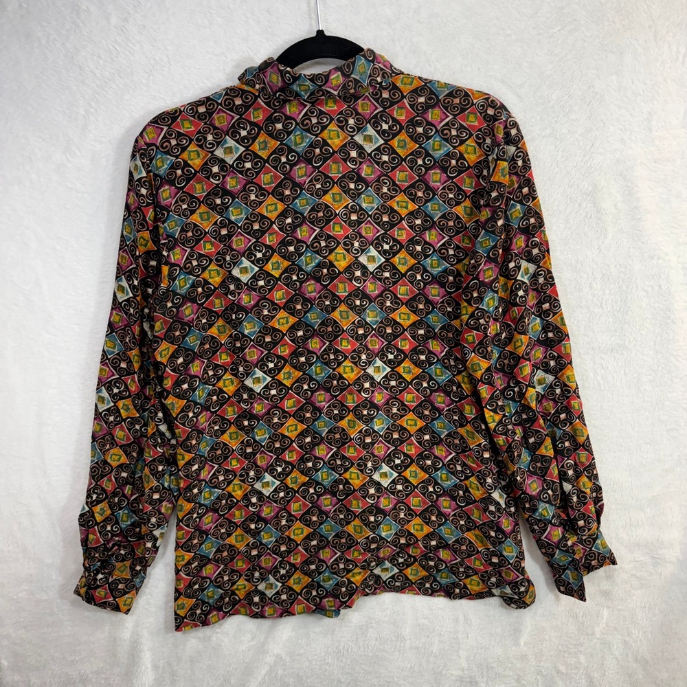 Vintage Tess M Button Up Top 100% Silk Maximalist Artsy Geometric Abstract 90s - Picture 4 of 10